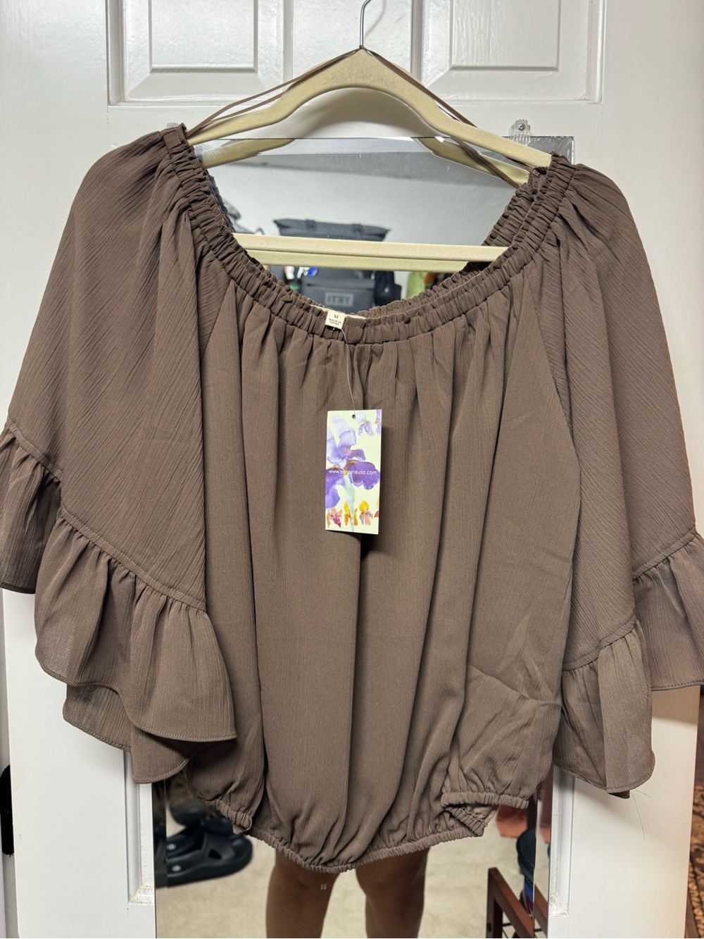 eesome Brown Off-Shoulder Ruffle Blouse